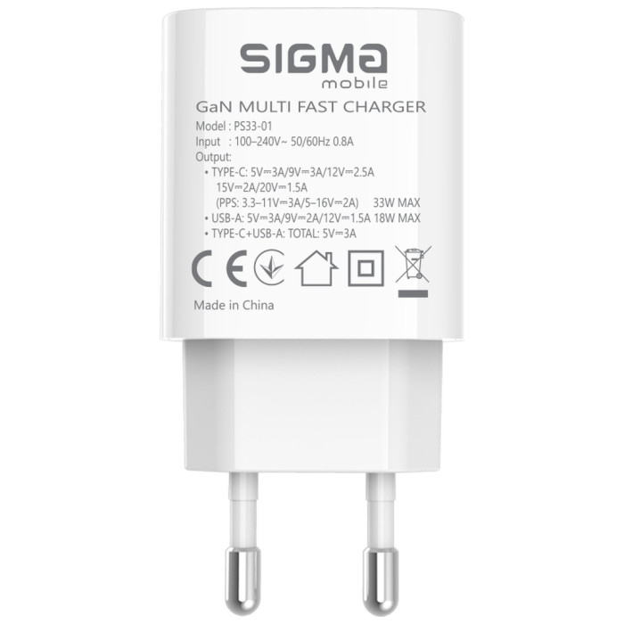 Зарядний пристрій Sigma 1xUSB-C PD33W + 1xUSB QC3.0 GaN X-power PS33-01 white (4827798527719)