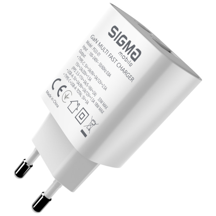 Зарядний пристрій Sigma 1xUSB-C PD33W + 1xUSB QC3.0 GaN X-power PS33-01 white (4827798527719)