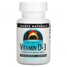 Антиоксидант Source Naturals Вітамін D-3, 10000 МО, Vitamin D-3, 60 гелевих капсул (SN2791)