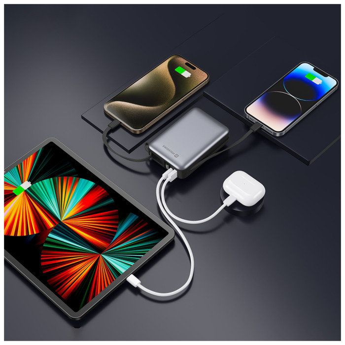 Батарея універсальна SWISSTEN 20000mAh SPACE 22/5W PD QC w/built-in cables USB-C/LIGHTNING Silver (8595217490598)