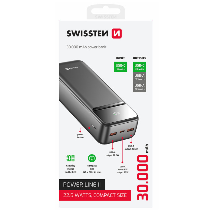 Батарея універсальна SWISSTEN 30000mAh POWER LINE II 22.5W PD QC Black (8595217490635)