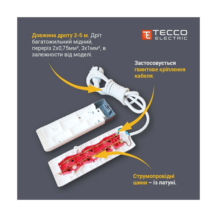 Мережевий подовжувач TECCO 3м 2 поста white (8681277841118)