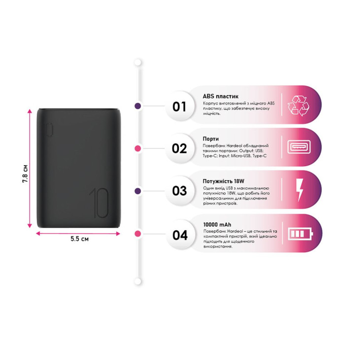 Батарея універсальна TheGeneral 10000mah Hardeol, QC/3.0/18W (40012419-01)