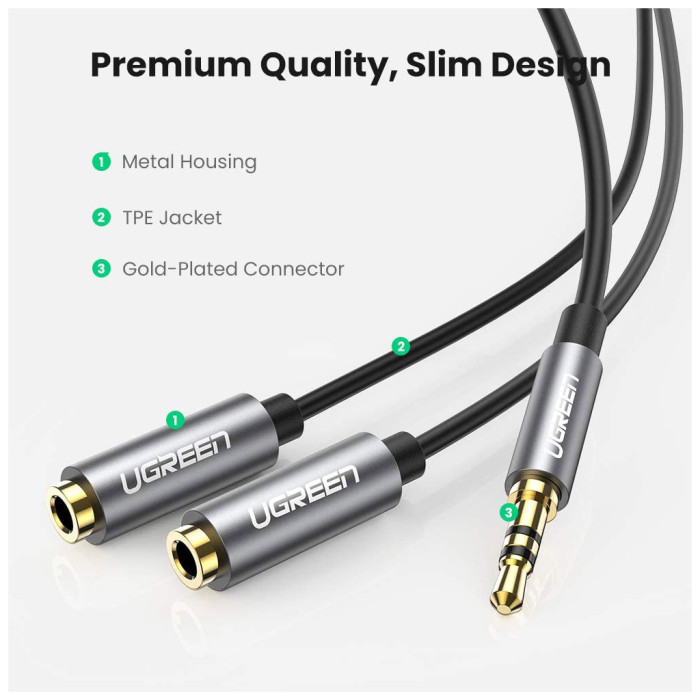 Кабель мультимедійний 3.5mm M to 2x3.5mm F 0.2m AV123 black Ugreen (10532)