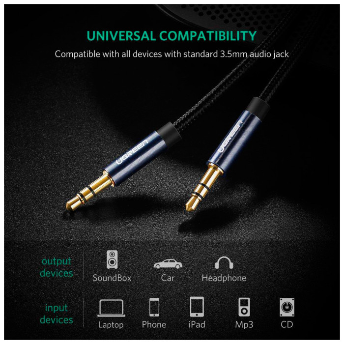 Кабель мультимедійний 3.5mm M to 3.5mm M 1.0m AV112 blue Ugreen (10685)