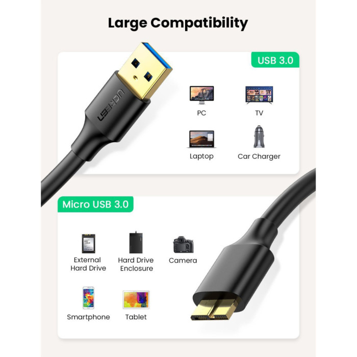 Дата кабель USB 3.0 AM to Micro B 0.5m US130 black Ugreen (10840)
