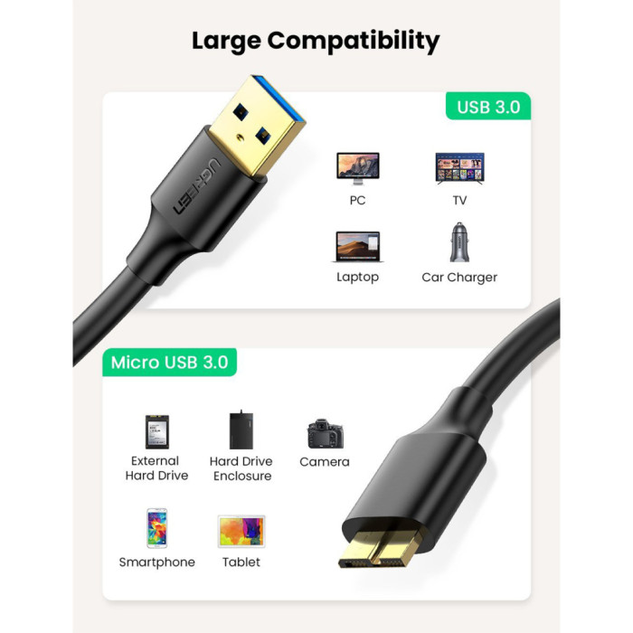 Дата кабель USB 3.0 AM to Micro B 1.0m US130 black Ugreen (10841)
