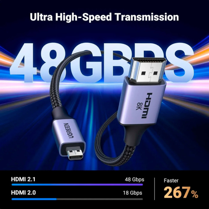 Кабель мультимедійний HDMI M to HDMI micro M 1.0m V2.1 8K60Hz HD164 black Ugreen (15516)