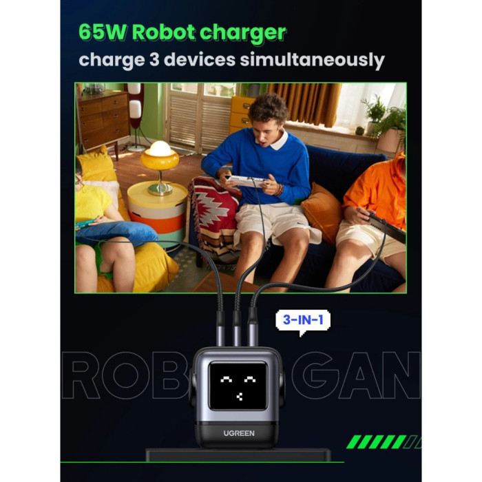 Зарядний пристрій Ugreen 1xUSB + 2xUSB-C 65W GaN CD361 gray (25685B)