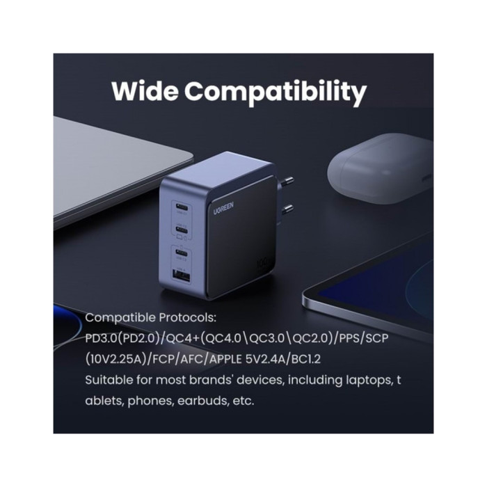 Зарядний пристрій Ugreen 4xUSB 100W (3xUSB-C+USB-A) Gan Nexode Fast Charger Grey X565 (35043)