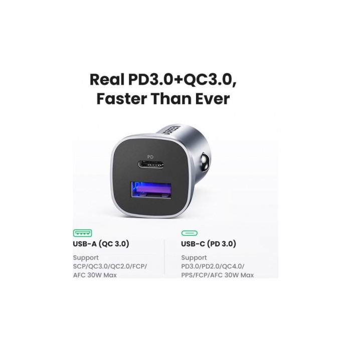 Зарядний пристрій Ugreen 1xUSB-C + 1xUSB 30W car adapter CD130 black (40858)