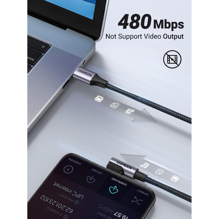 Дата кабель USB-C to USB-C 0.5m 3A 60W 90° corner US255 black/gray Ugreen (50122)