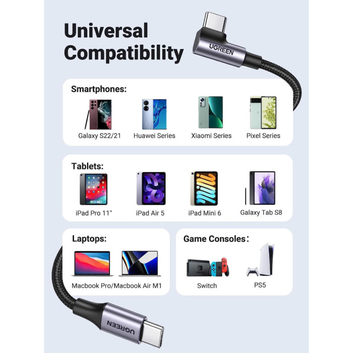 Дата кабель USB-C to USB-C 0.5m 3A 60W 90° corner US255 black/gray Ugreen (50122)