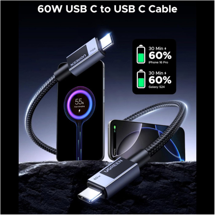 Дата кабель USB-C to USB-C 1.0m PD60W 3A braided L524 gray Ugreen (55765)