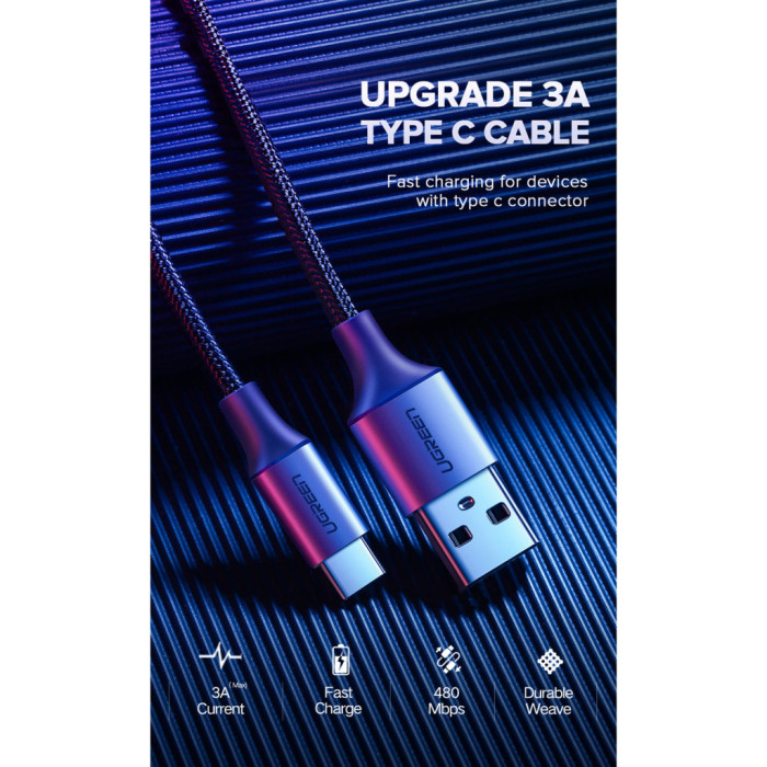 Дата кабель USB 2.0 AM to USB-C 0.25m 3A aluminum braid nickel plating black Ugreen (60124)