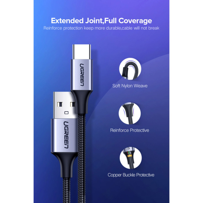 Дата кабель USB 2.0 AM to USB-C 0.25m 3A aluminum braid nickel plating black Ugreen (60124)