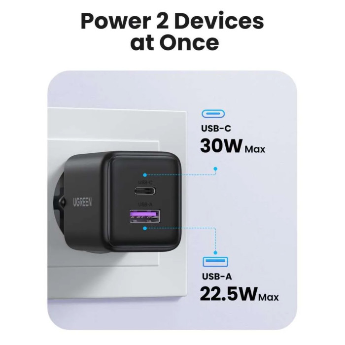 Зарядний пристрій Ugreen USB + USB-C GaN 30W X516 black (65014)