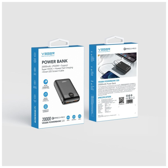 Батарея універсальна VEGER 20000mAh S20 22.5W PD/3/0 QC/3.0 black (6970453554198)