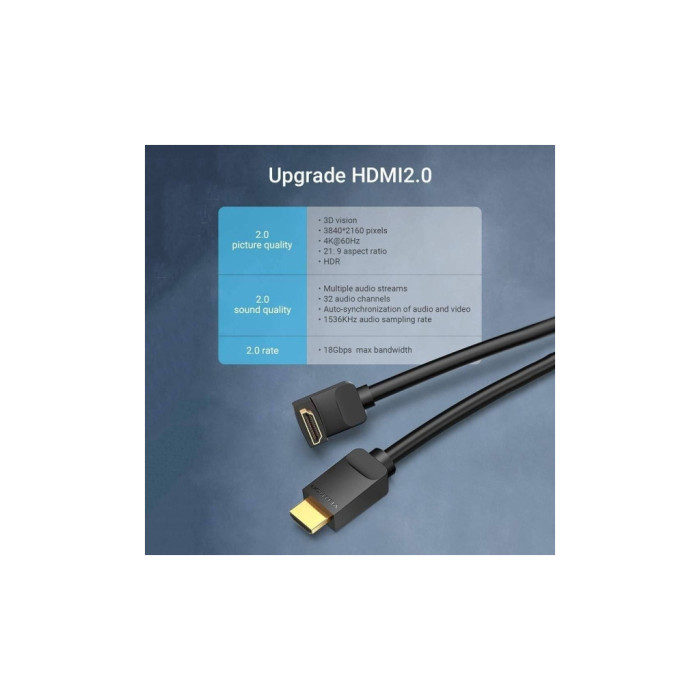 Кабель мультимедійний HDMI M to HDMI M 2.0m V2.0 4K60Hz 90° corner PVC black Vention (AARBH)