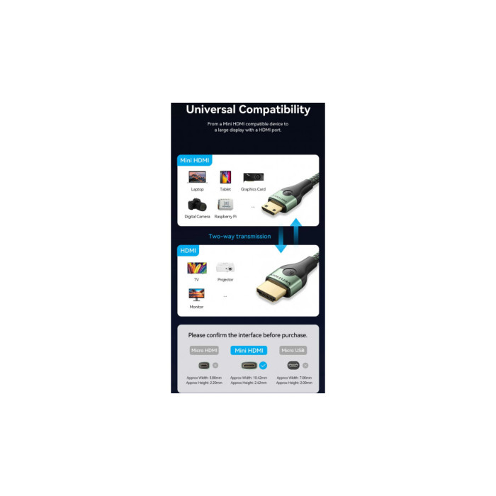 Кабель мультимедійний HDMI M to HDMI mini M 1.0m V2.1 8K 60Hz green Vention (AGJGF)