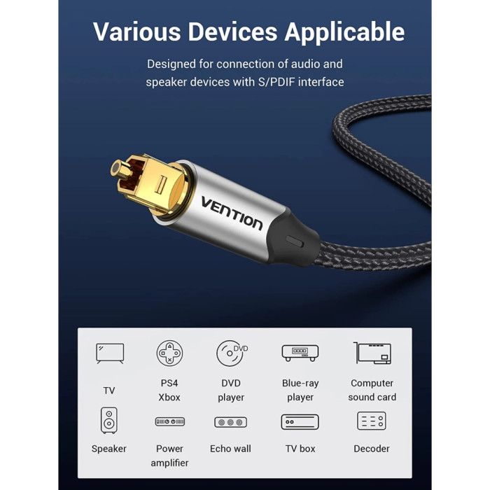 Кабель мультимедійний Optical Toslink 1.0m gray Vention (BAVHF)