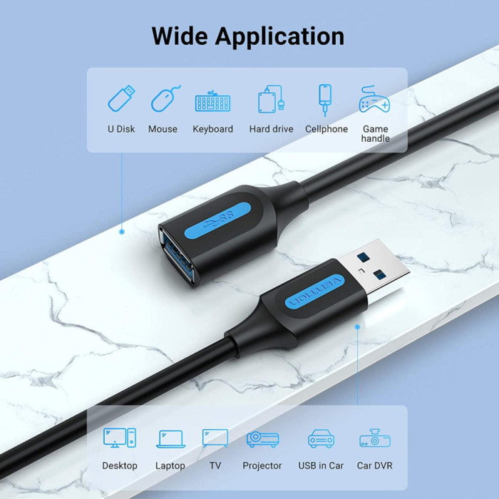 Дата кабель USB 3.0 AM/AF 0.5m black Vention (CBHBD)