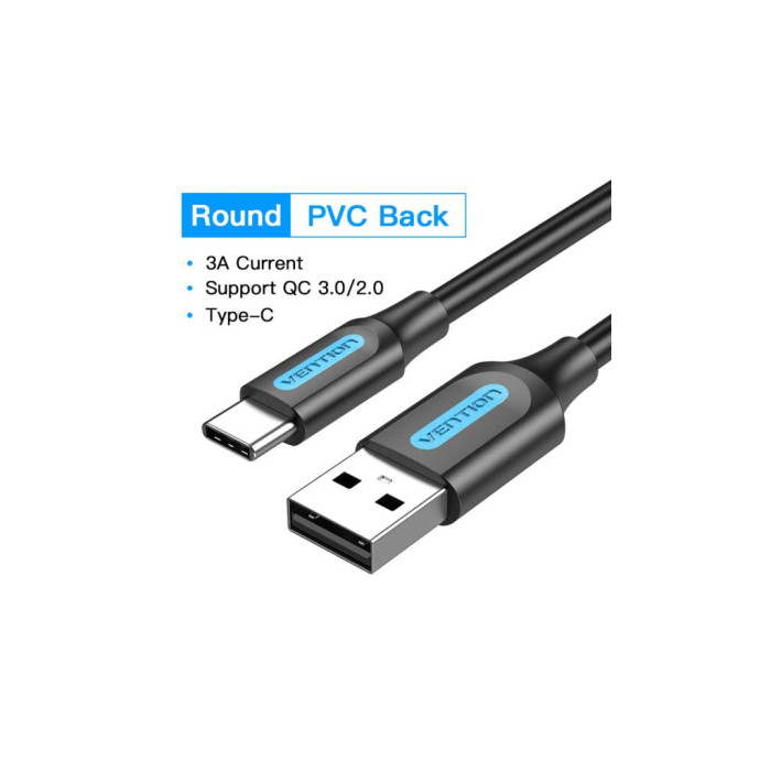 Дата кабель USB 2.0 AM to USB-C 1.0m 3A black Vention (COKBF)