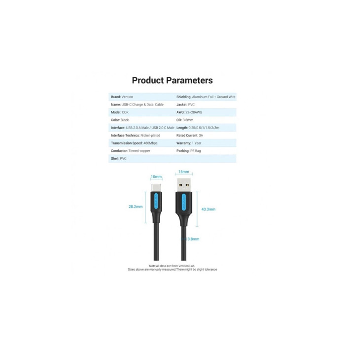 Дата кабель USB 2.0 AM to USB-C 1.5m 3A black Vention (COKBG)