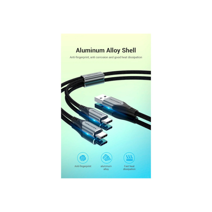Дата кабель USB 2.0 AM to 2хUSB-C M 1.0m 2.4А 480Mbps Aluminum Vention (CQOHF)