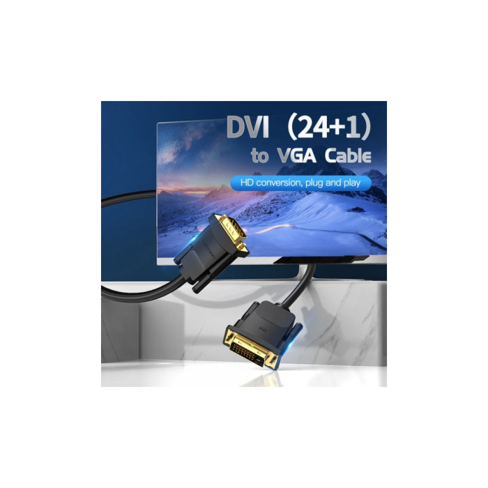 Кабель мультимедійний DVI M to VGA M 1.5m 24+1pin black Vention (EABBG)