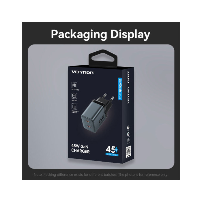 Зарядний пристрій Vention 2xUSB-C PD45W GaN gray (FCDH0-EU)