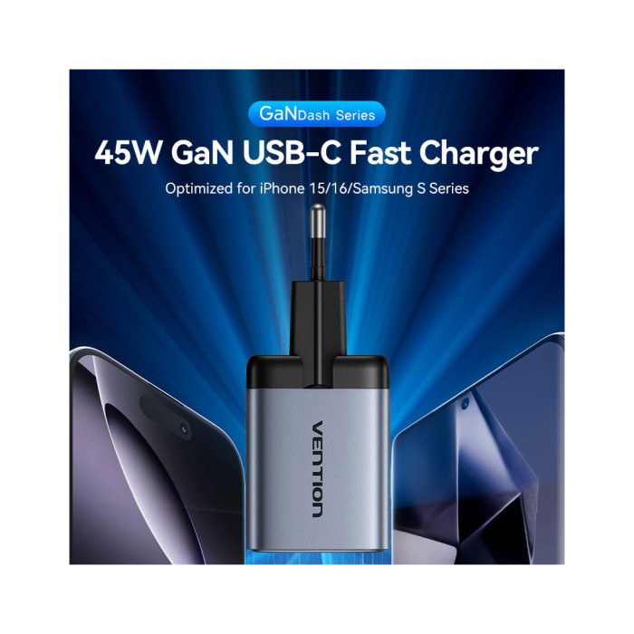 Зарядний пристрій Vention 2xUSB-C PD45W GaN transparent gray (FCFH0-EU)