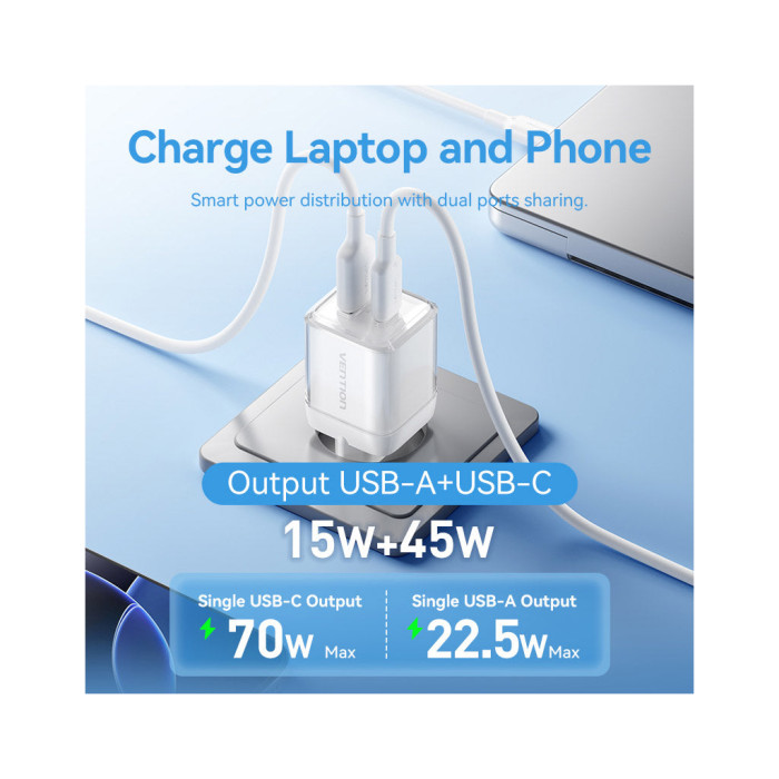 Зарядний пристрій Vention 1xUSB-C PD70W + 1xUSB QC3.0 22.5W GaN transparent gray (FCGH0-EU)