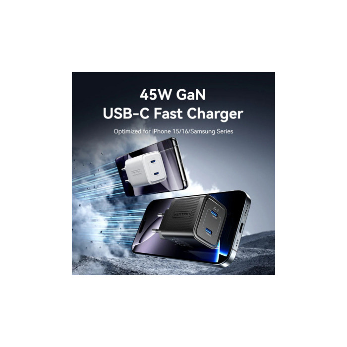 Зарядний пристрій Vention 2xUSB-C PD45W GaN black (FEFB0-EU)