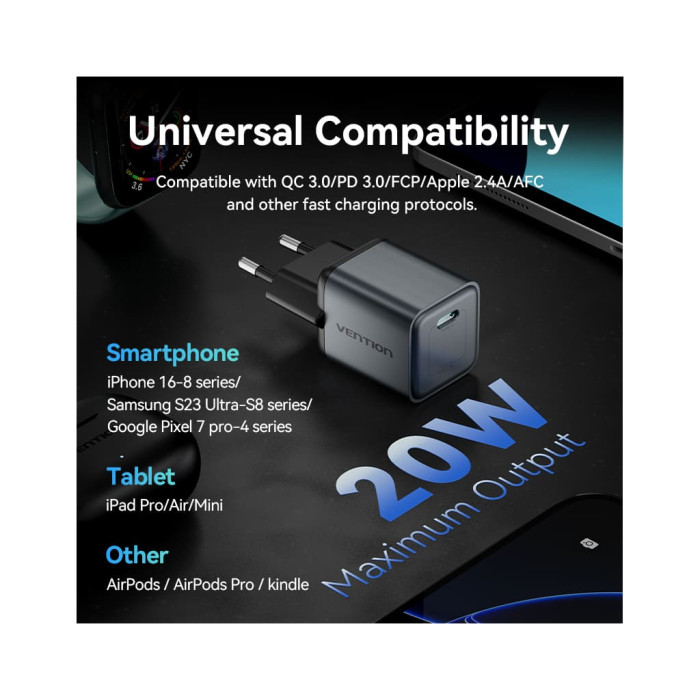 Зарядний пристрій Vention USB-C PD20W GaN gray (FEVH0-EU)