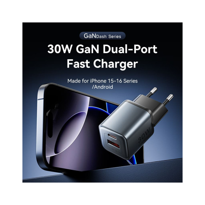 Зарядний пристрій Vention 1xUSB-C PD30W + 1xUSB QC3.0 18W GaN gray (FEWH0-EU)