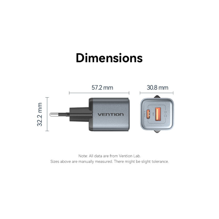 Зарядний пристрій Vention 1xUSB-C PD30W + 1xUSB QC3.0 18W GaN gray (FEWH0-EU)