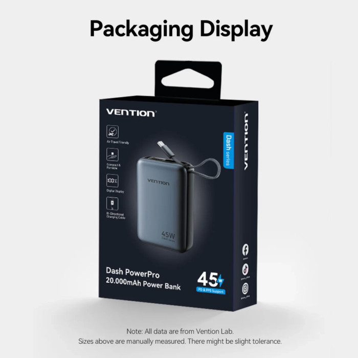 Батарея універсальна Vention 20000 mAh 45W Mini with Built-in USB-C Cable Gray (FHGH0)