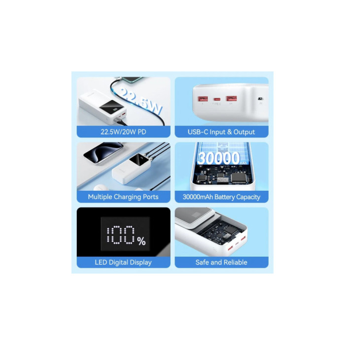 Батарея універсальна Vention 30000mAh 22.5W 3A, PD, QC/3.0, LED Display, White (FHMW0)