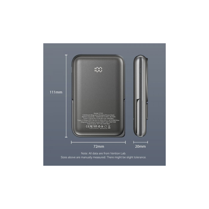 Батарея універсальна Vention Magnetic Wireless 10000mAh 20W PD USB-C In/Out, QI-15W Black (FHNB0)
