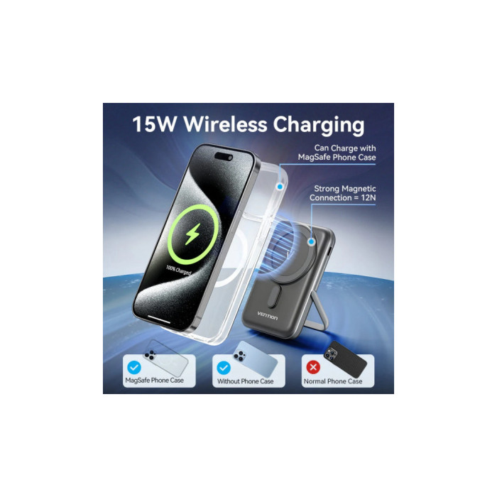 Батарея універсальна Vention Magnetic Wireless 10000mAh 20W PD USB-C In/Out, QI-15W Black (FHNB0)