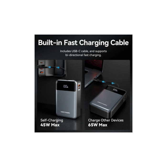 Батарея універсальна Vention 20000mAh 65W 3A PD, QC/3.0, USB-A, Type-C OUT, with Built-in USB-C Cable, LED Display (FHYB0)