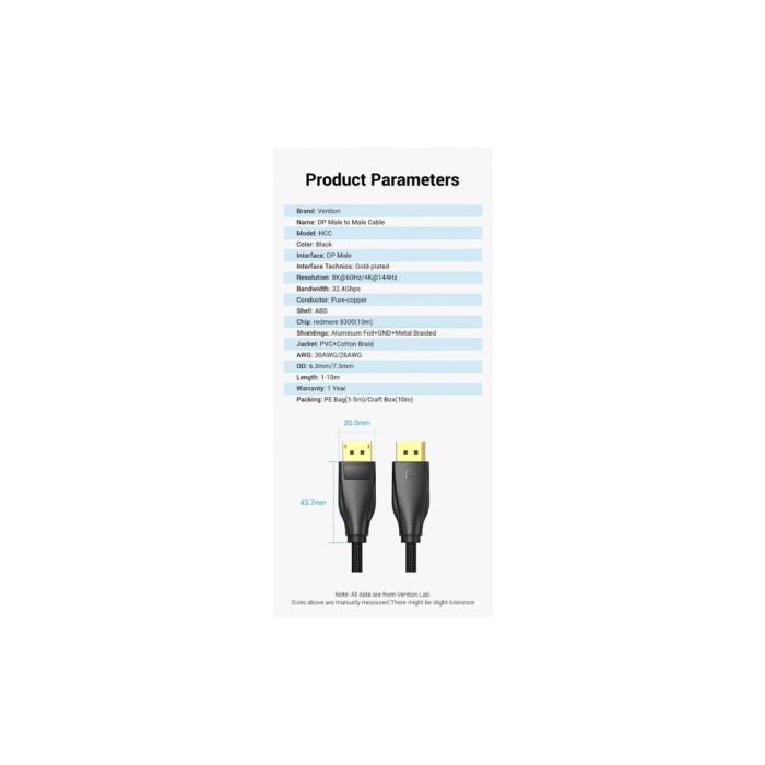 Кабель мультимедійний DisplayPort M to DisplayPort M 1.0m 8K60Hz black Vention (HCCBF)