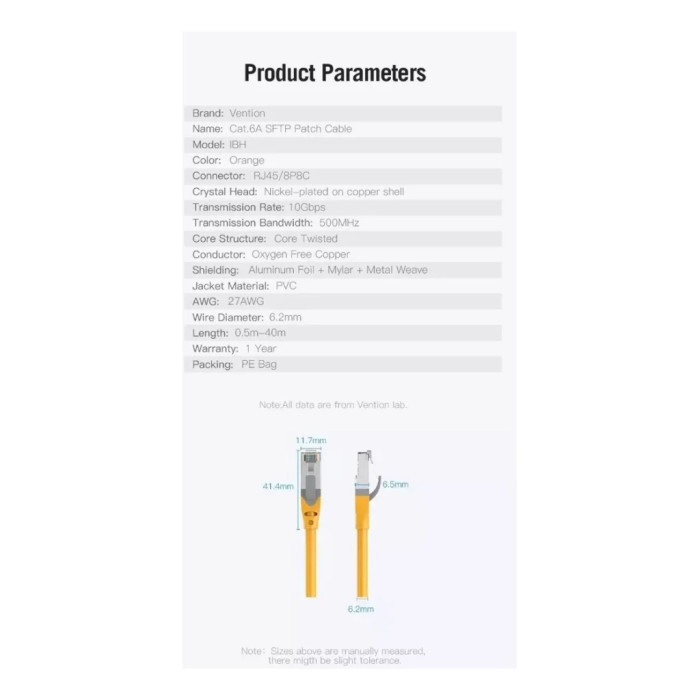 Патч-корд 0.3м, S/FTP cat 6a RJ-45 yellow Vention (IBHYAA)