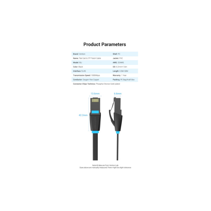 Патч-корд 3м, UTP cat 6 RJ-45 flat black Vention (IBJBI)