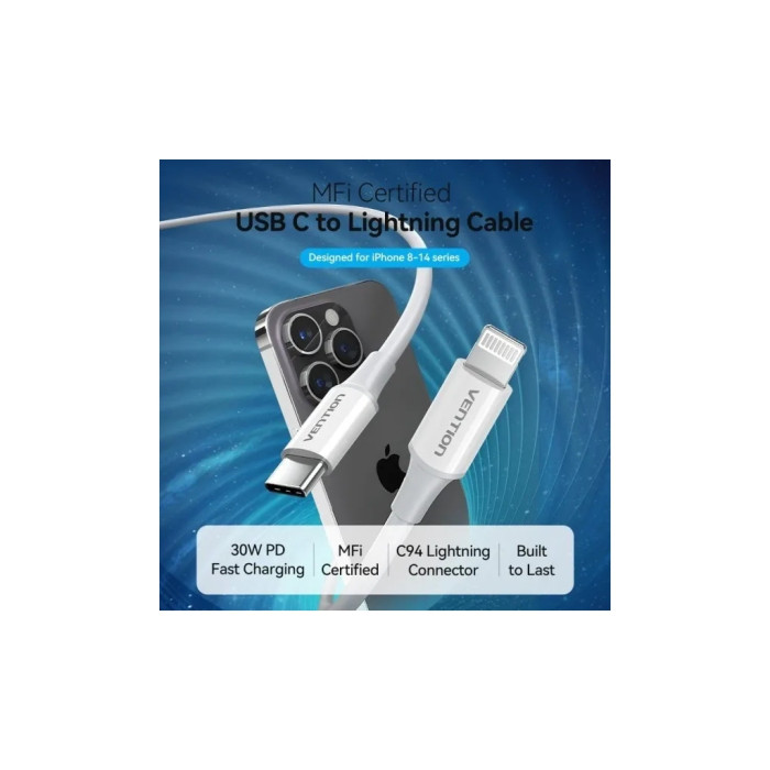 Дата кабель USB-C to Lightning 1.0m 3A white Vention (LAKWF)