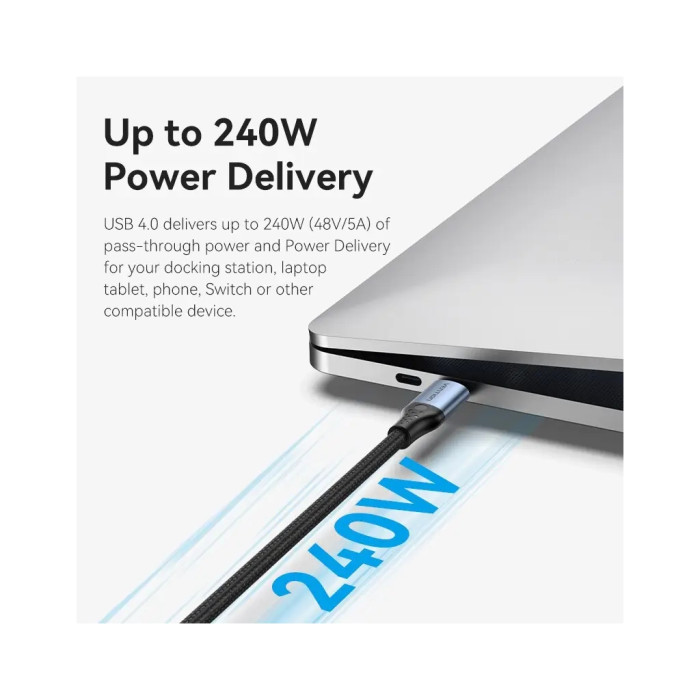 Дата кабель USB-C to USB-C 1.0m Thunderbolt 4 240W (50V/5A) 8K60Hz Gray Aluminum Alloy Vention (TAVHF)