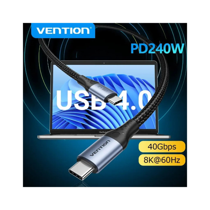 Дата кабель USB-C to USB-C 1.0m Thunderbolt 4 240W (50V/5A) 8K60Hz Gray Aluminum Alloy Vention (TAVHF)