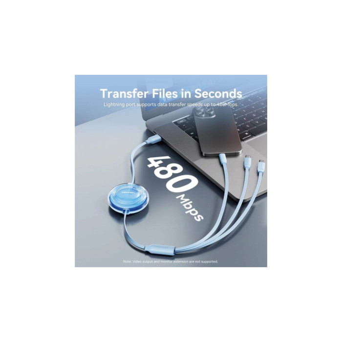 Дата кабель USB 2.0 AM to 2xUSB-C + Lightning 1.0m 3.5A retractable Vention (TRJBBE)