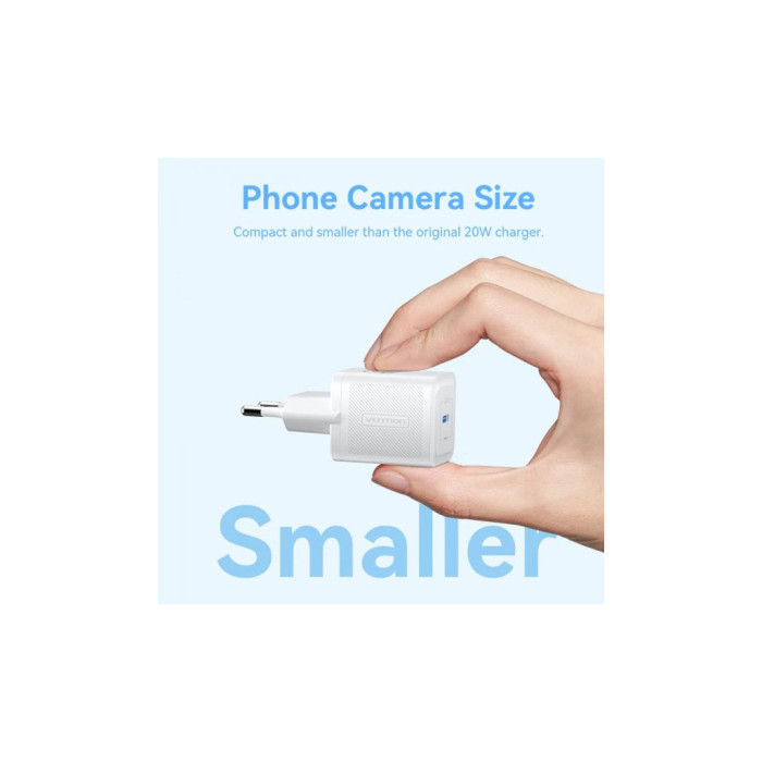 Зарядний пристрій Vention 1xUSB-C PD20W GaN + cable USB-C to USB-C white (TZ-FEPW0-EU-01)